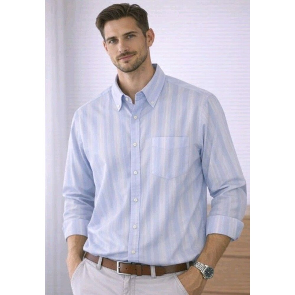 WALL STREET MEN'S SHIRT XXL LONG SLEEVE BUTTON DOWN BLUE/WHITE POCKET